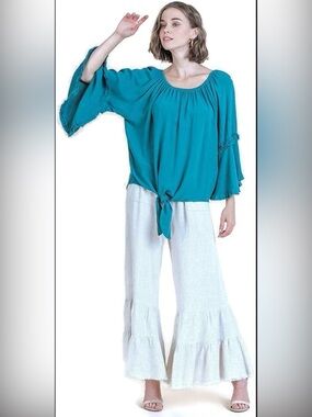 Umgee Teal Tie-Front Peasant Top PTP 25’